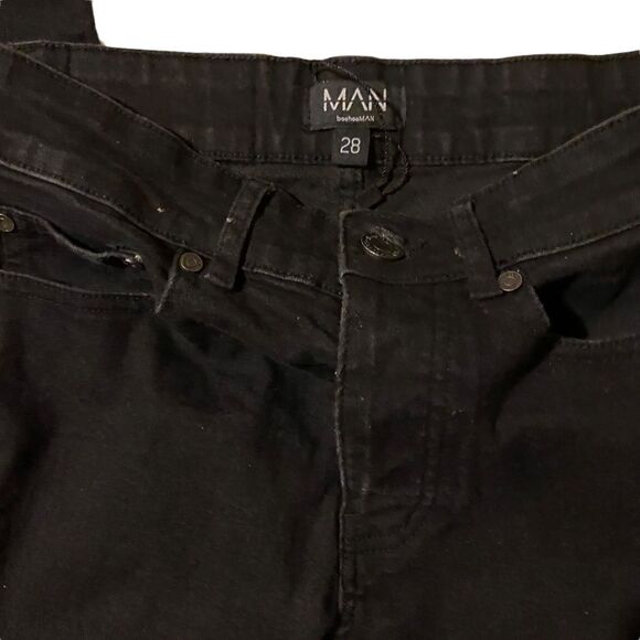 BoohooMAN Black Button Fly Distressed Jeans Sz 28 - Picture 1 of 9
